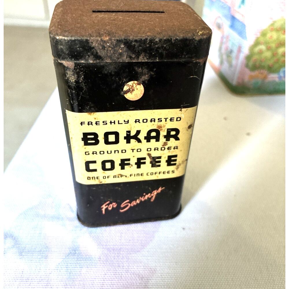 Vintage Bokar Coffee Tin Coin Savings Bank 1930's Circa. A&P's Grocery - RARE